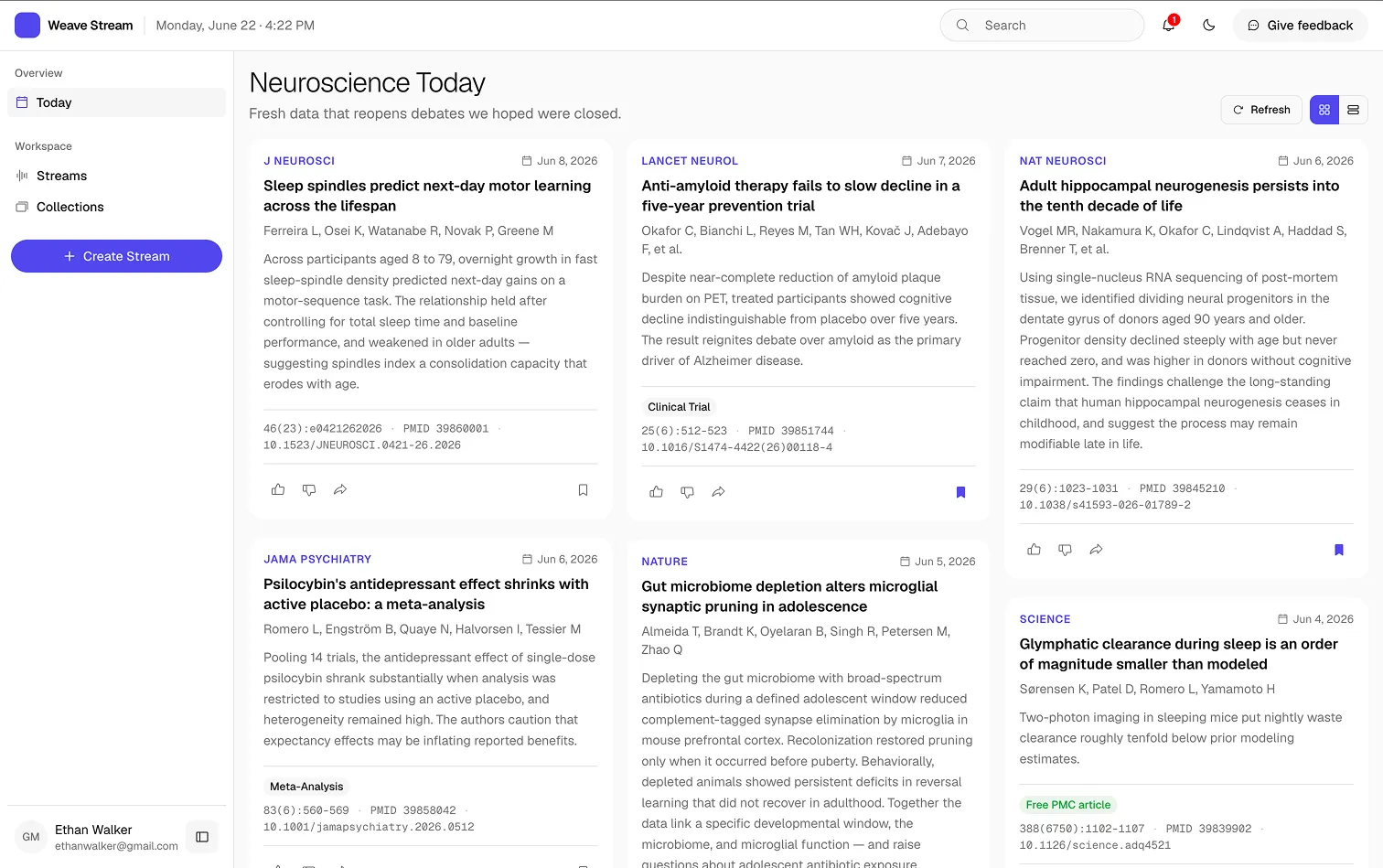 Weave Stream app showing a date-sorted feed of the day's newest neuroscience articles, with the Create Stream button in the toolbar