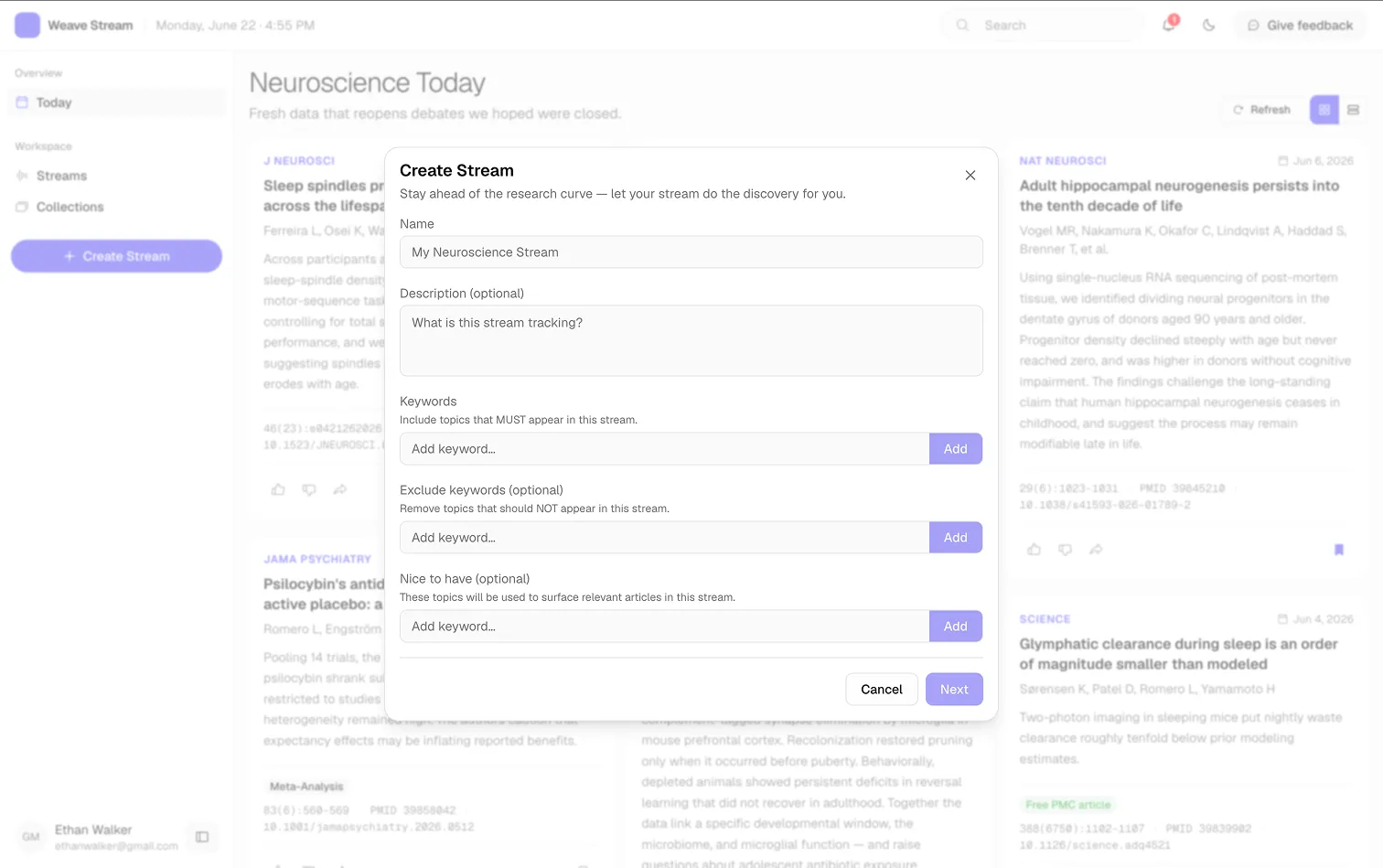 Create Stream form with a stream name field and separate groups for inclusion, exclusion, and nice-to-have keywords