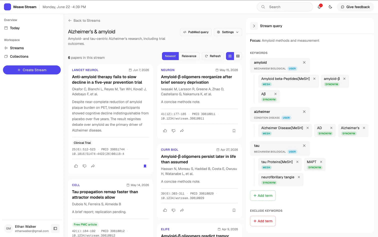 Stream side panel revealing the expanded MeSH and synonym query behind the stream, open for editing
