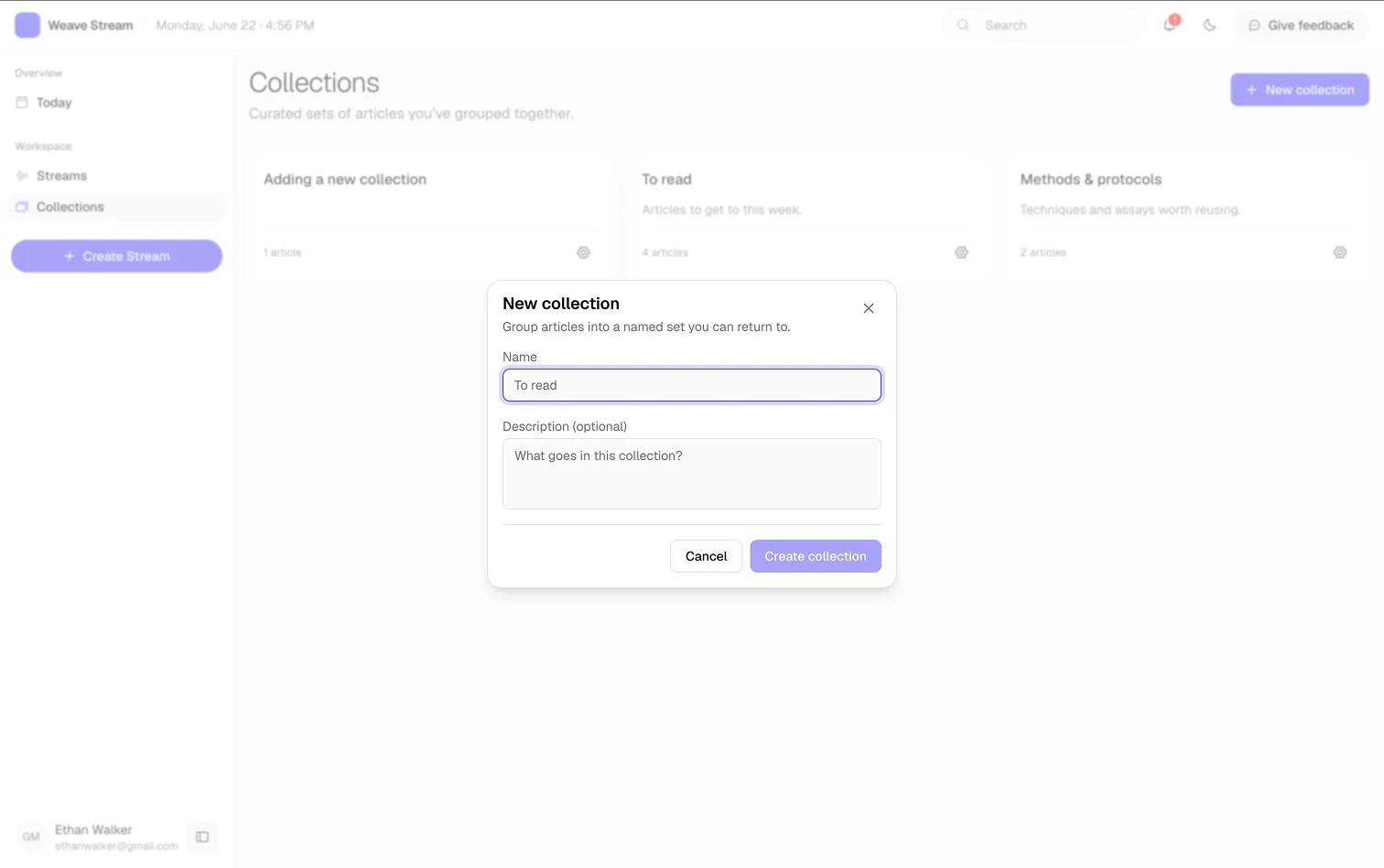 New collection dialog naming a set for organizing found articles, such as To read or Methods