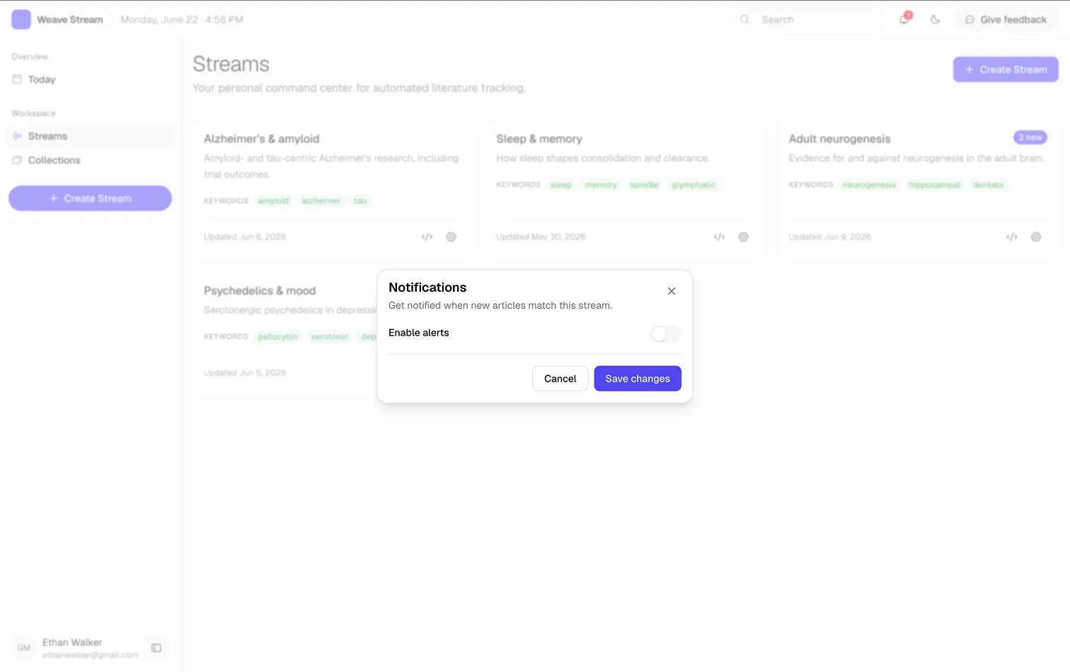 Per-stream notification settings choosing alerts for each new article, or batched every 5 or 10 articles