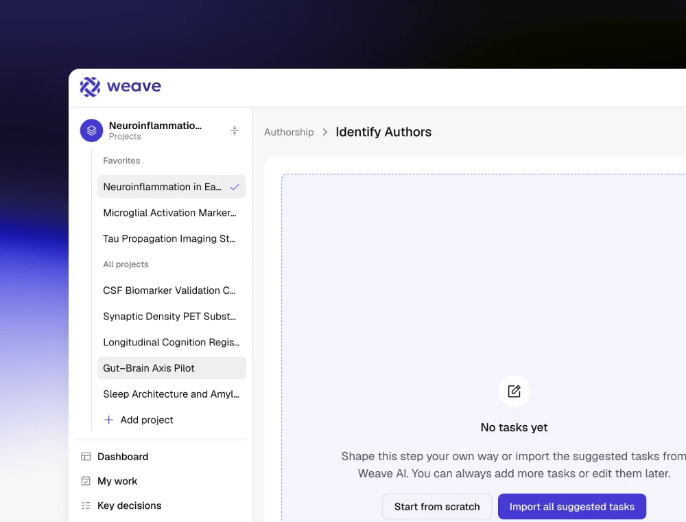 Horizon's project switcher listing eight separate neuroscience projects, beside a new workstream offering to start from scratch or import Weave AI's suggested tasks