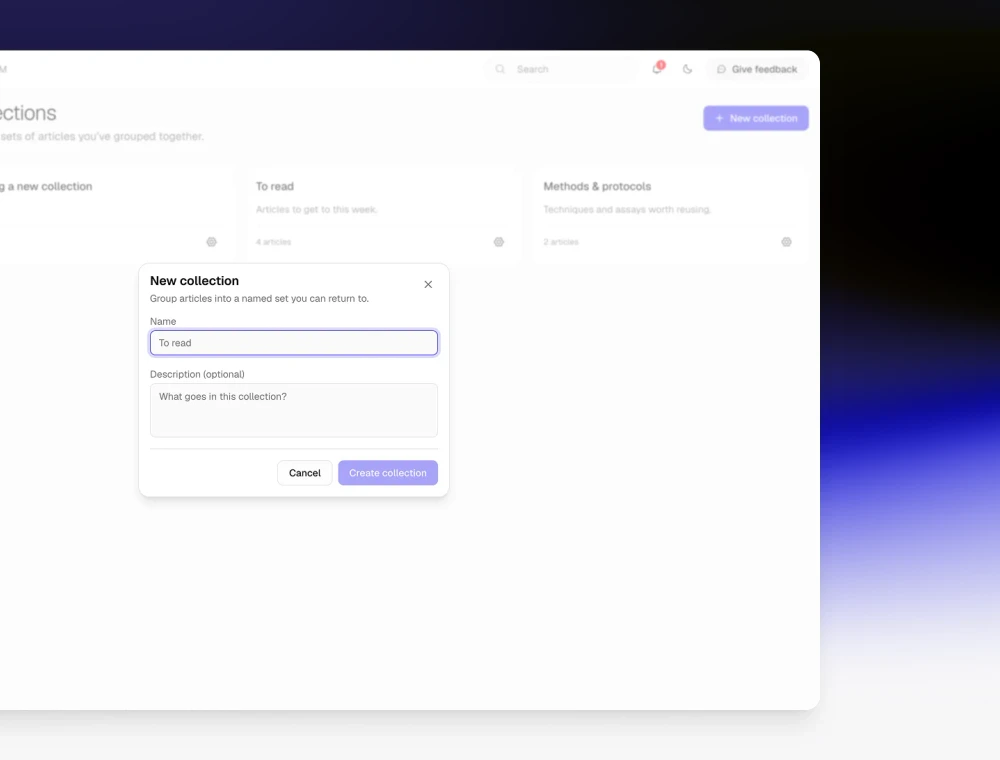 The New collection dialog, named To read, over the Collections page listing To read and Methods and protocols with their article counts